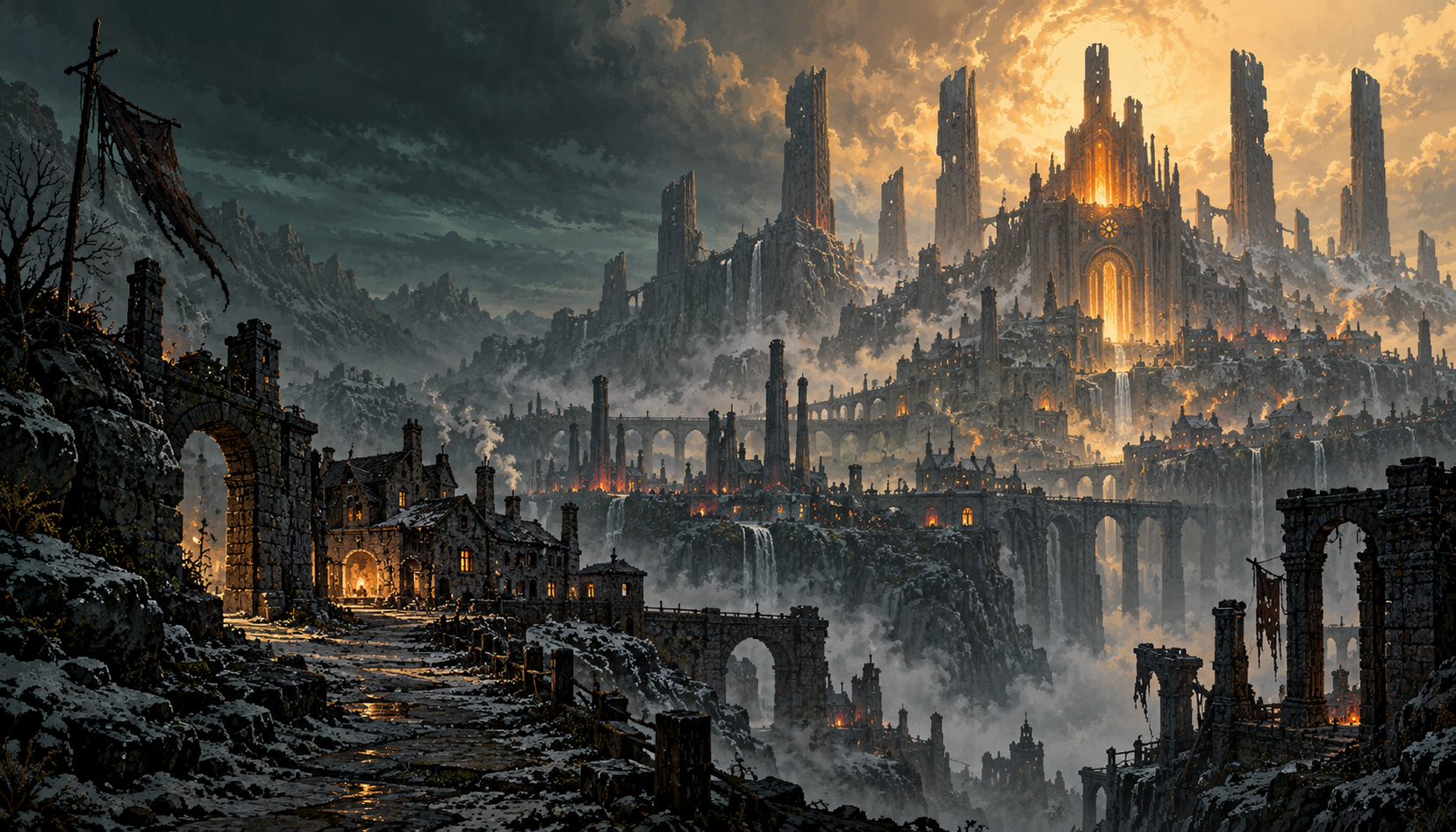 An ashen road leads to a settlement beneath broken cathedral towers and a pale gold sky.